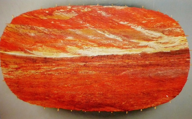 Dedicated to the Vanished Adelaide Tribe, 1987, cross section of coloured-sands, polyvinyl acetate on calico on framework of sticks. 356 x 202cm. (No photographer credit)